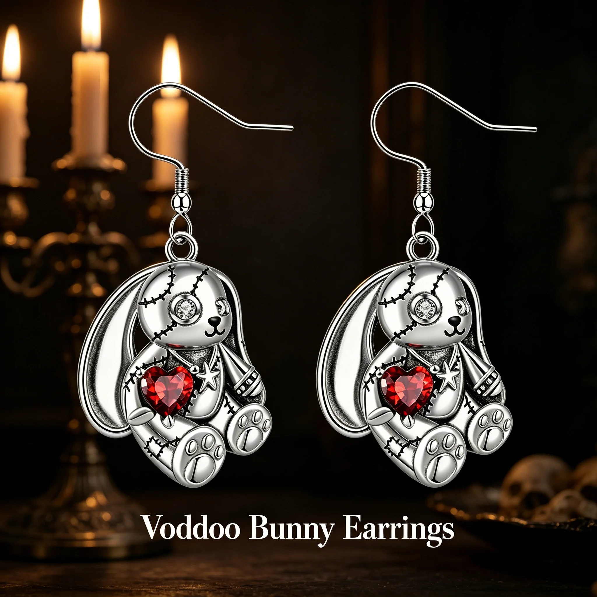 Gothic Stitched Rabbit Doll Dangle Earrings Silver Tone Red Heart Inlay Dark Punk Style Women Party Daily Jewelry Gift