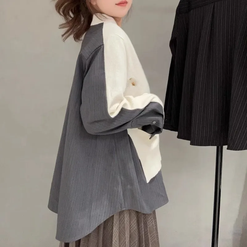 2026 Early Spring New Japanese Minimalist Color Block Patchwork V-Neck Knitted Cardigan Women Casual Versatile Sweater Coat