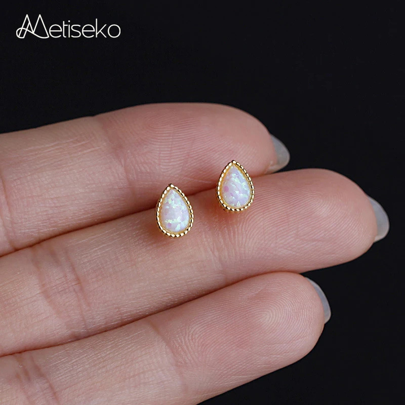 

Metiseko 925 Sterling Silver Stud Earrings Plated 14K Gold Waterdrop Shape Synthetic Opal Gem Earrings Elegant for Women Gift