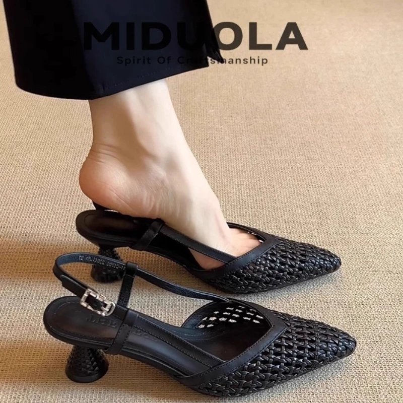 French Square-toed Woven High-heeled Sandals 2025 Summer Shoes Skeletonized Fashionable Leather Fabric Mid-heel Women Sandals