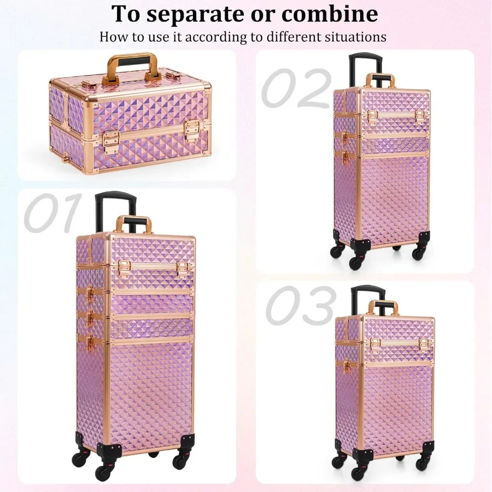 Rolling Makeup Train Case Large Storage Cosmetic Trolley 4 in 1 Large Capacity Trolley Makeup Travel Case