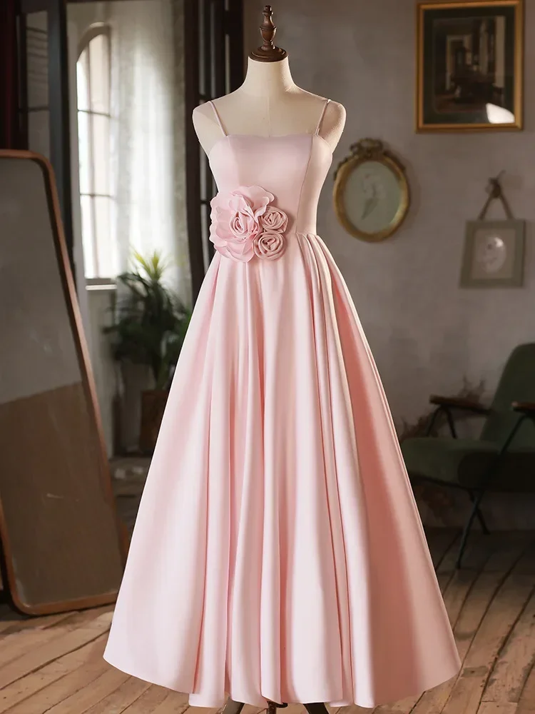 Customized Sweet Simple Elegant Flower Design Wedding Party Vestidos Pleated Slim Waist Solid Evening Dresses Temperament Sling