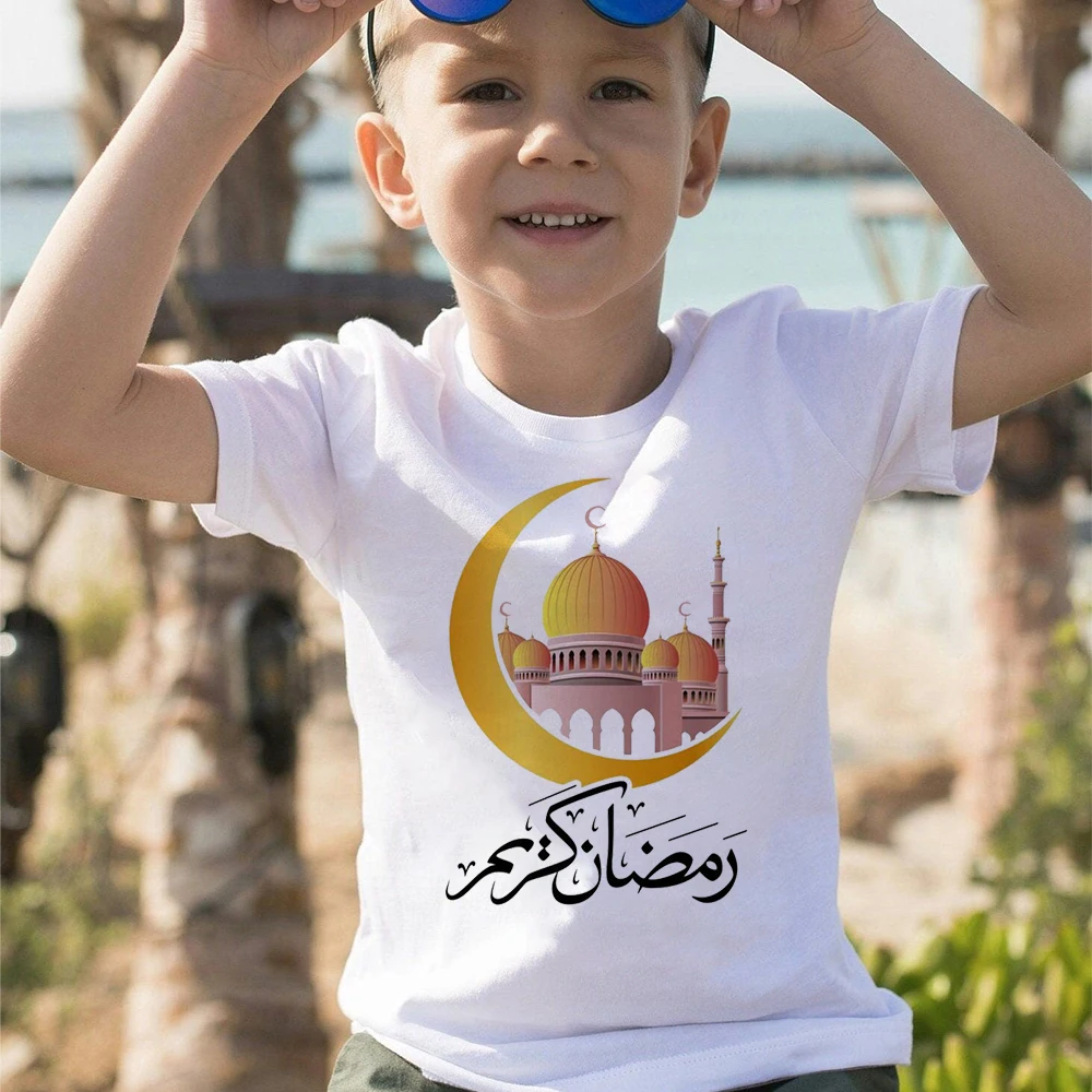 Ramadan Printed Kids Shirts Eid Mubarak Child T-shirt Islamic Muslim Holiday Boys Girls Clothes Children Short Sleeve Tops Tee