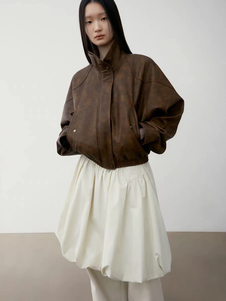 スイートクールレトロバイクスタイルショートコートジャケットスタンドカラールーズフィットPUレザーバイカージャケット若い女性向け