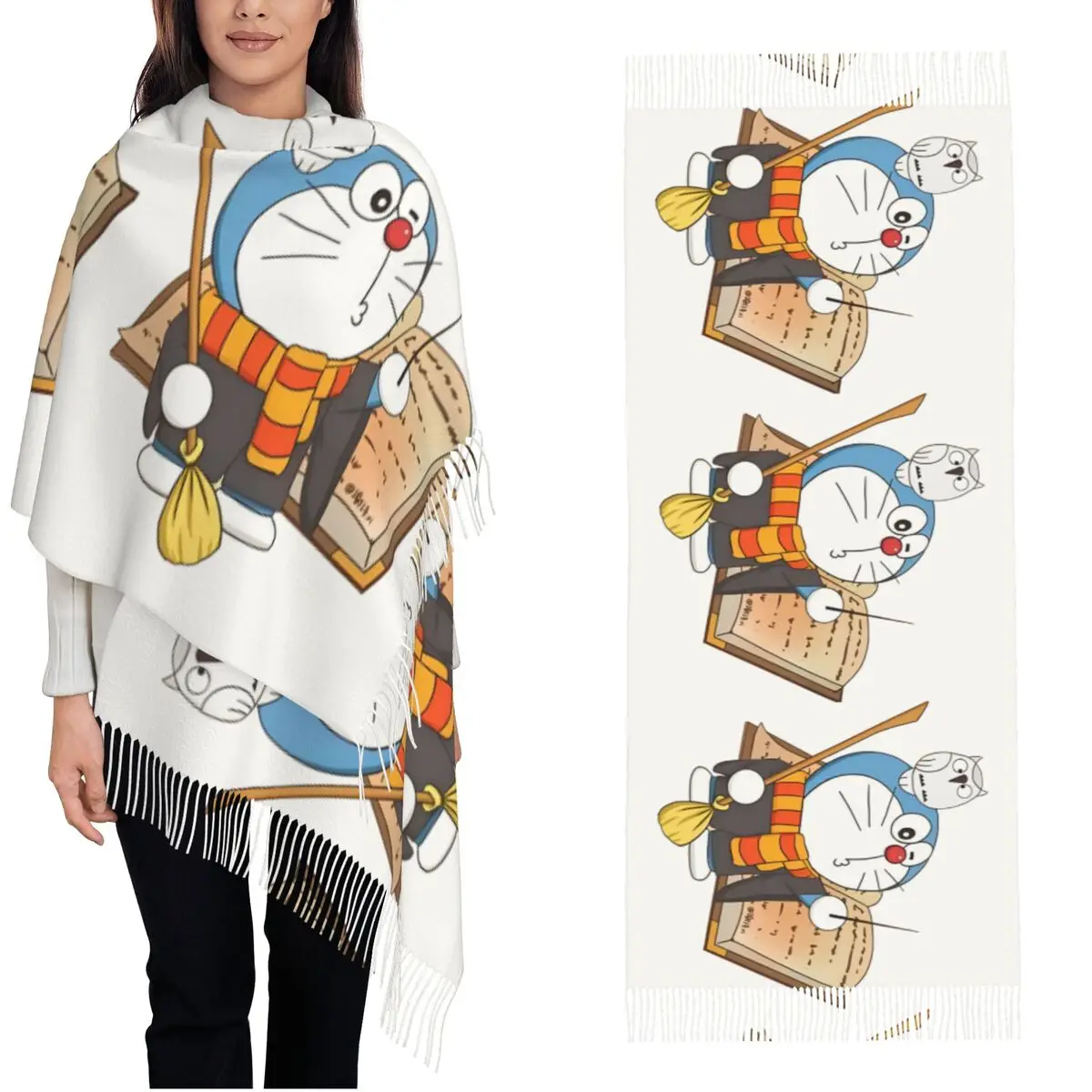 

Волшебная Дамская теплая зимняя шаль Doraemon и шарф с совами для женщин, японские длинные шарфы с кисточками