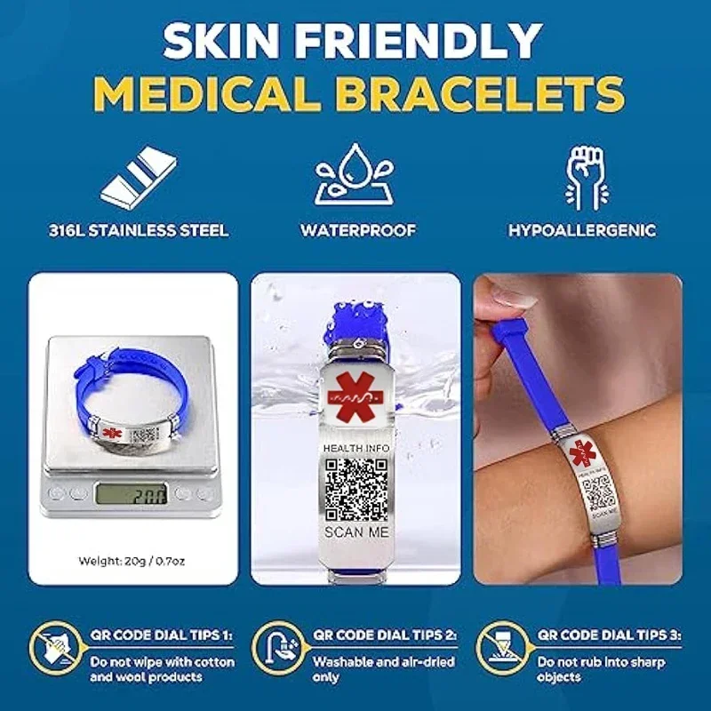 Pulseras de salud de código QR ajustables de silicona de acero inoxidable DIY grabado gratis ayuda médica de emergencia ID correa de muñeca joyería