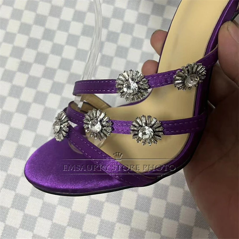 Sandali con abbellimento girasole ingioiellato donna tacco a spillo da 10cm scarpe estive con cinturino alla caviglia a fascia stretta in raso di lusso