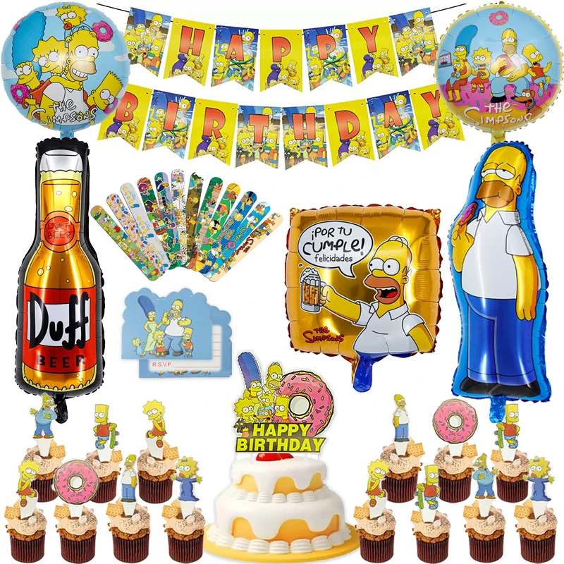 1 Set Simpson-Party-Dekorationsset: Happy Birthday Banner, Kuchenaufsatz, lustige gelbe Familien-Heimfolienballons, Babyparty-Gastgeschenke