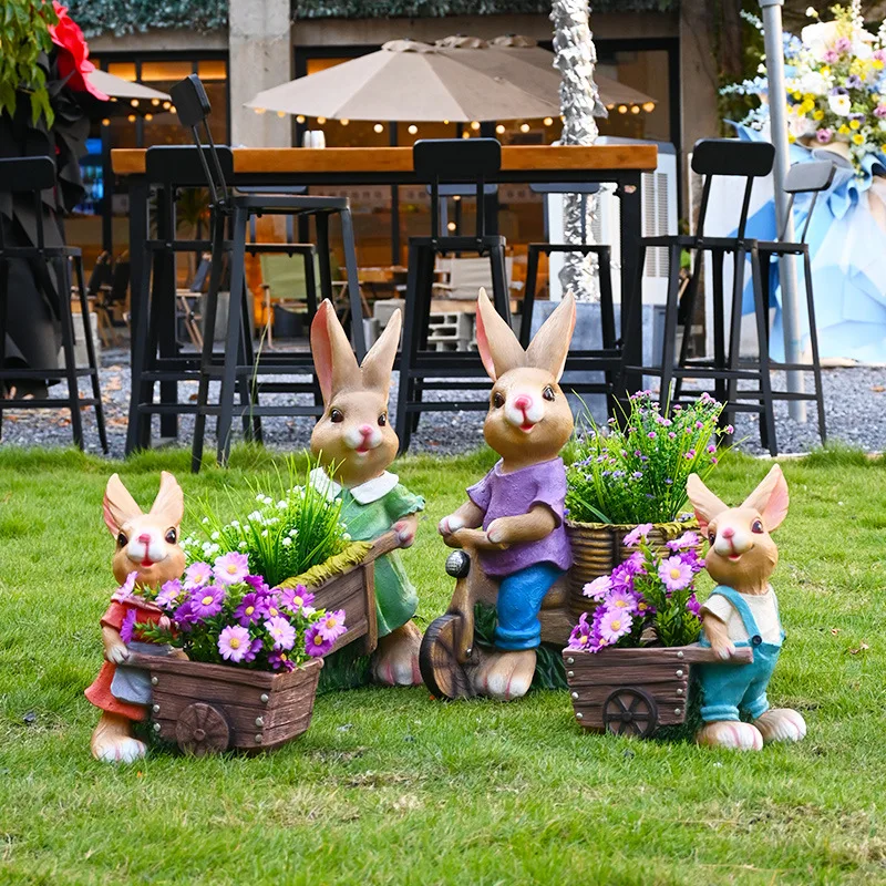 Outdoor Rabbit Flower Cylinder Whimsical Animal Planter for Garden Decor Cartoon Sculpture for Lawn Courtyard Landscape Ornament