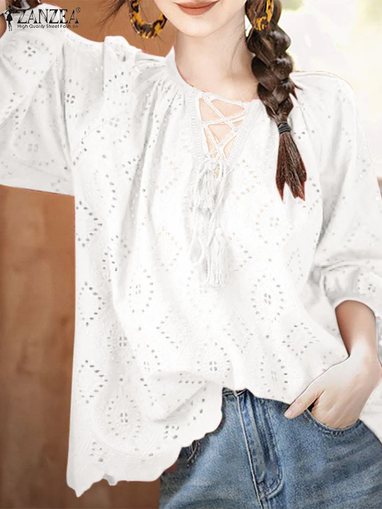 ZANZEA Lace Trim Casual Loose Blusas Bohemian Women Holiday Hollow Out Embroidery Tunic Tops 3/4 Sleeve V Neck Lace-up Blouses