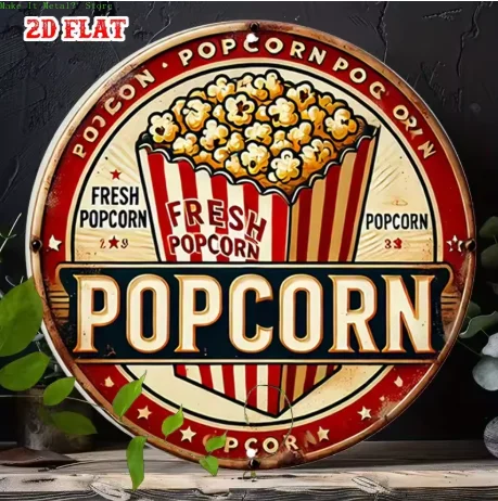 Movie Night Popcorn 2D Flat Round Metal Sign, Retro Cinema Themed Wall Decor for Home Theater