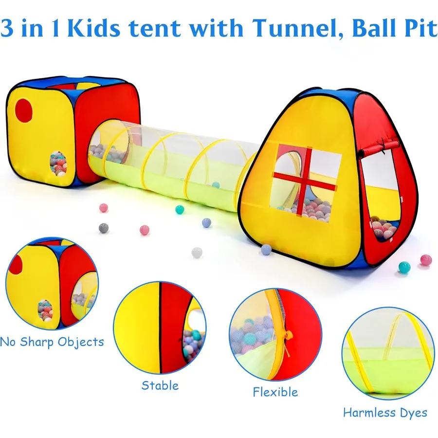 Tenda da gioco pop-up per bambini 3 in 1 con tunnel e pozzo per bambini, neonati e bambini piccoli, casetta da gioco per interni/esterni, palline NON incluse