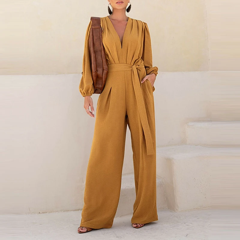 New Autumn Long Sleeved Loose Women Romper Retro Solid Color V Neck High Waist Romper Casual Lace Up Pleated Commuting Jumpsuit