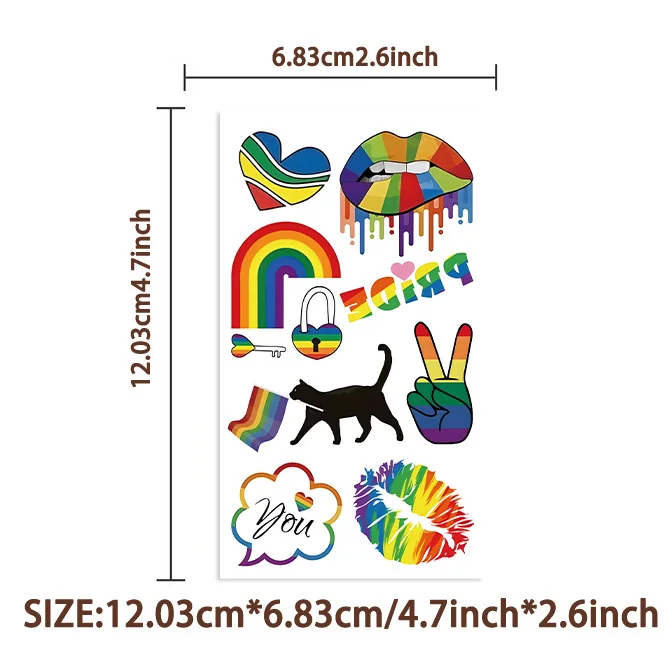 10 قطع من أوراق وشم الفخر، وشم الوجه LGBT Pride المؤقت، وإكسسوارات LGBT للمثليين للعرض والمهرجانات والحفلات