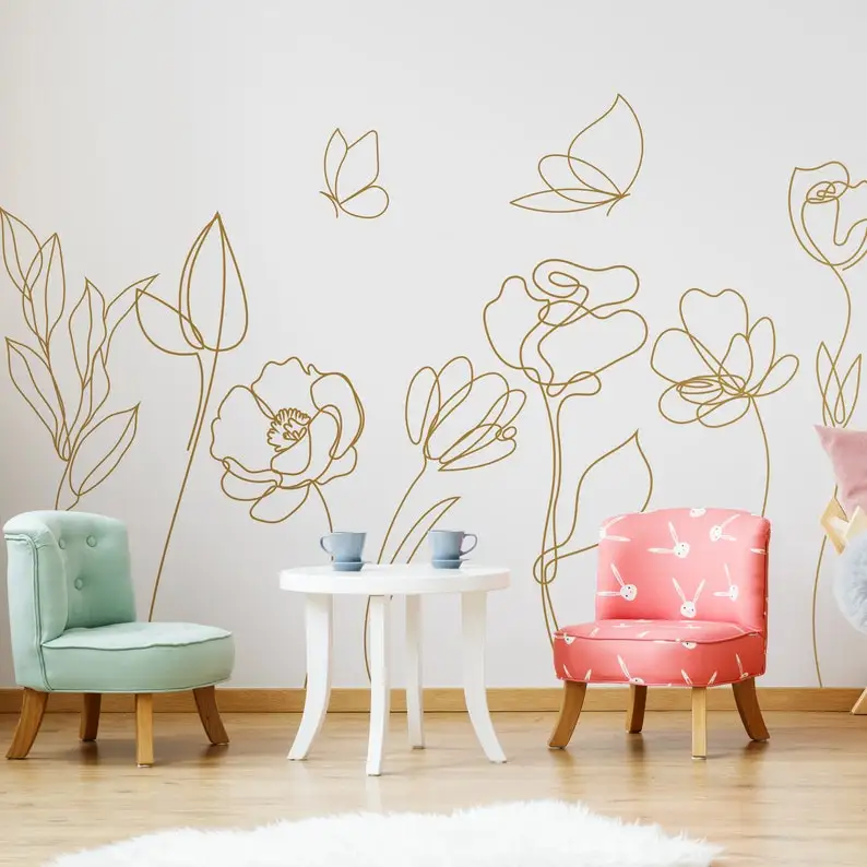 Large Minimal  Flowers Butterflies Wall Stickers Bedroom Living Room Floral Line Drawing Butterfly Wall Decals Playroom Decor