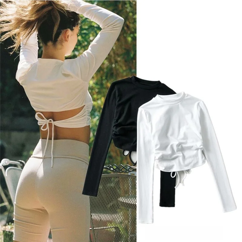 เสื้อสตรีคอสูงแบบผูกเชือก ดีไซน์เซ็กซี่ ผูกโบว์ แบรนด์ Australian Street Sle ort Svel T-irt