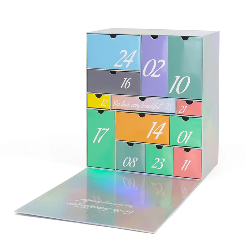 2025.Luxury Silver Laser Double Side 25 Days Beauty Advent Calendar Box Packaging With Ribbon - Image 4