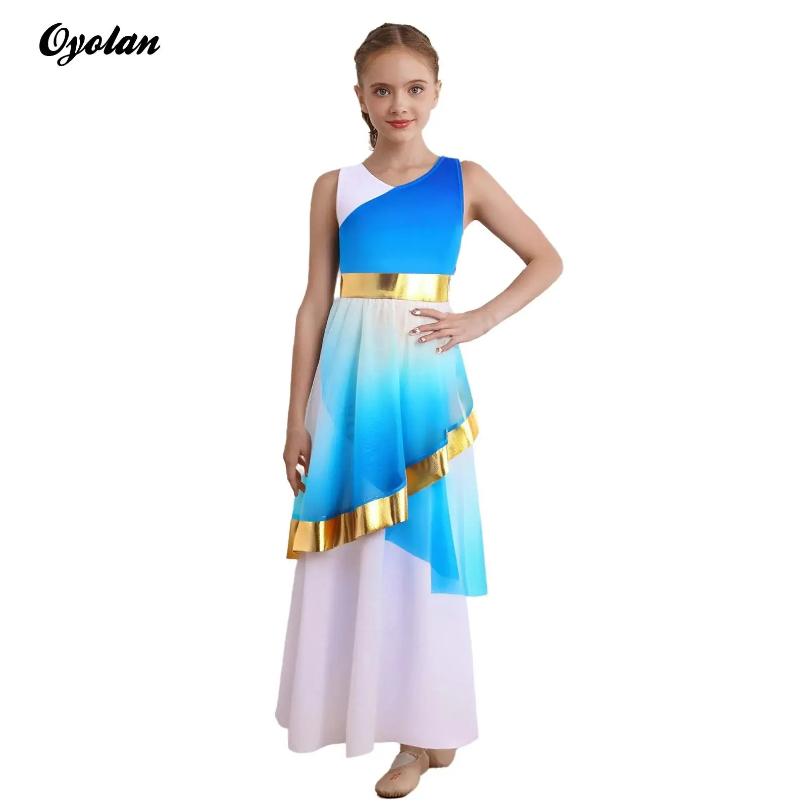 

Kids Girls Praise Lyrical Dance Performance Costume Metallic Invisible Zipper Layer Liturgical Christian Worship Tunic Dress