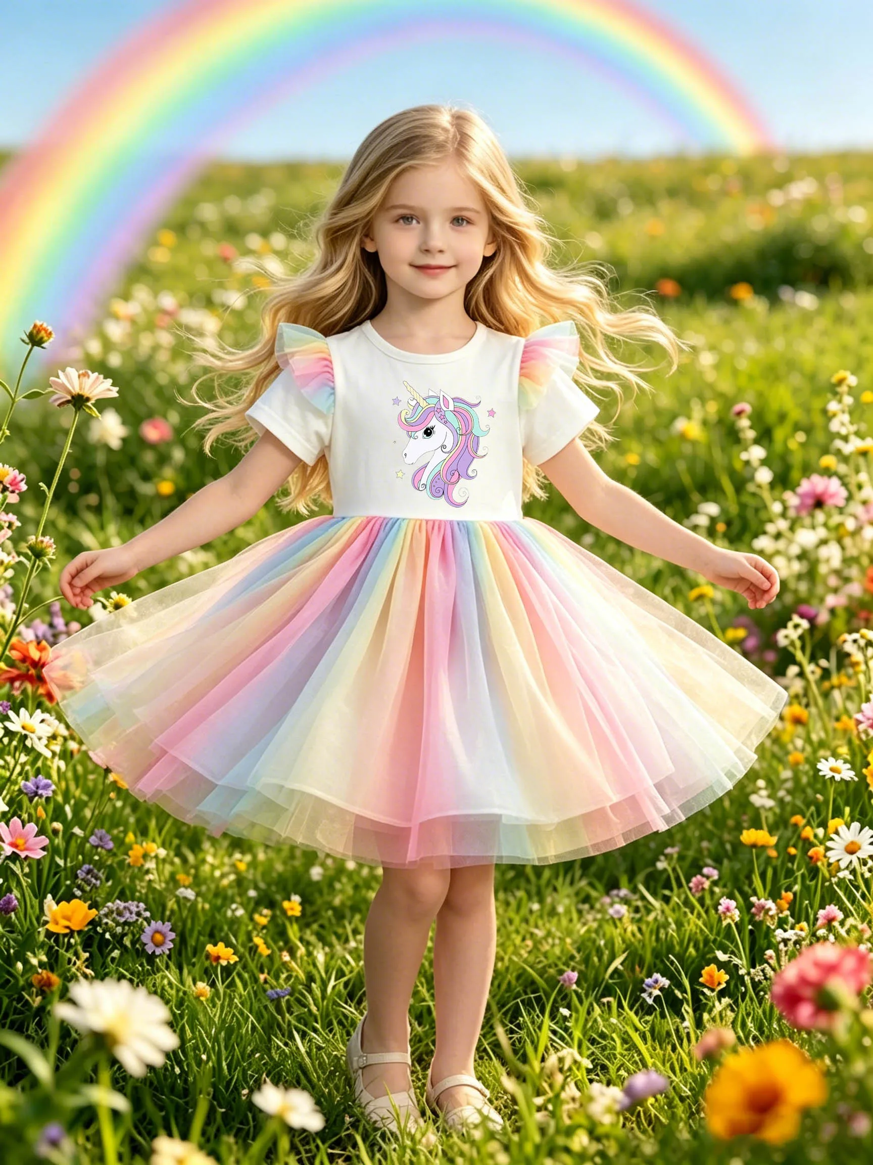 Mädchen-Sternenregenbogen-Einhorn-Kleid mit Flatterärmeln, Makronen-Regenbogen-Tüll Prinzessinnenkleid mit Vollem Rock – Detail 3