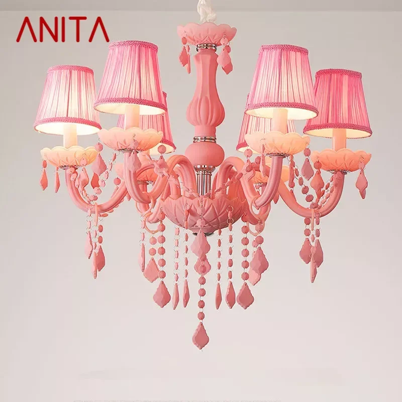 

ANITA Pink Crystal Pendent Lamp Art Girls' Room Candle Lamp Children's Room Living Room Restaurant Bedroom Chandelier