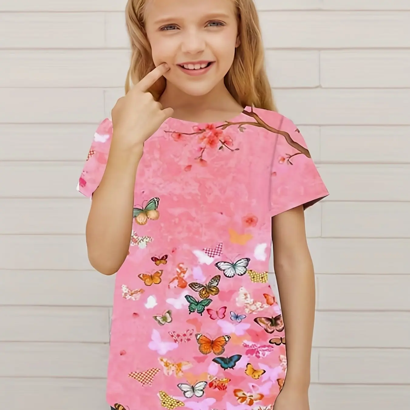 

Girl 3D printed pink cute digital butterfly pattern T-shirt - Children's casual and comfortable activity elastic summer T-shirt