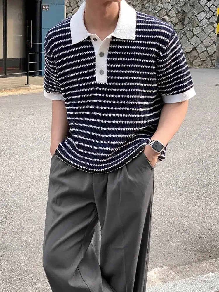 

2025 Summer Men's T-shirts Lapel Contract Color Striped Button Design Knitted Clothing Short Sleeved Casual Male Tees