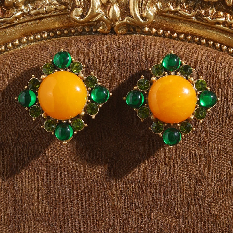 

Vintage Round Yellow Agate Earrings Stud Square Green Glazed Crystal Rhinestone Woman Summer Luxury Quality Jewelry 2025 Trends