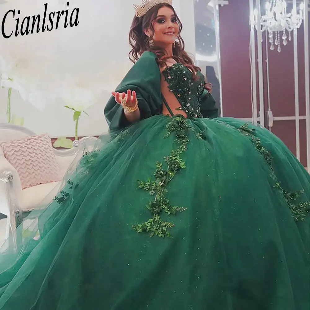 

Emerald Green Illusion Sweetheart Quinceanera Dresses Ball Gown Appliques Lace Sweet 16 Dresses 15 Años Mexican Customized
