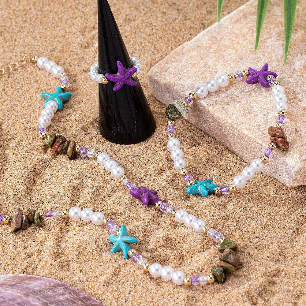 Niche Imitation Pearl Splicing Natural Stone Starfish Irregular Stone Necklace Bracelet Ring Set for Women Suitable for Vacation