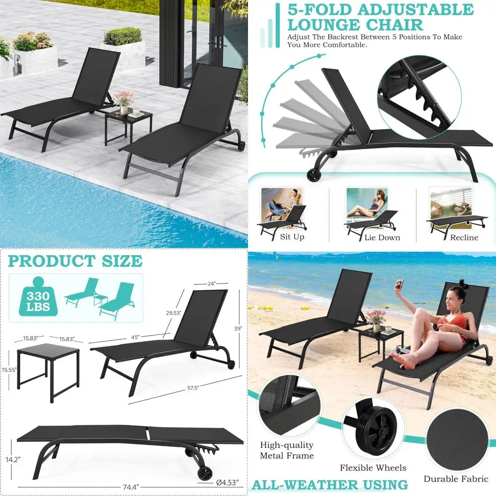Набор из 2 больших уличных кресел для бассейна с регулируемой спинкой, столом и колесами для комфортной релаксации