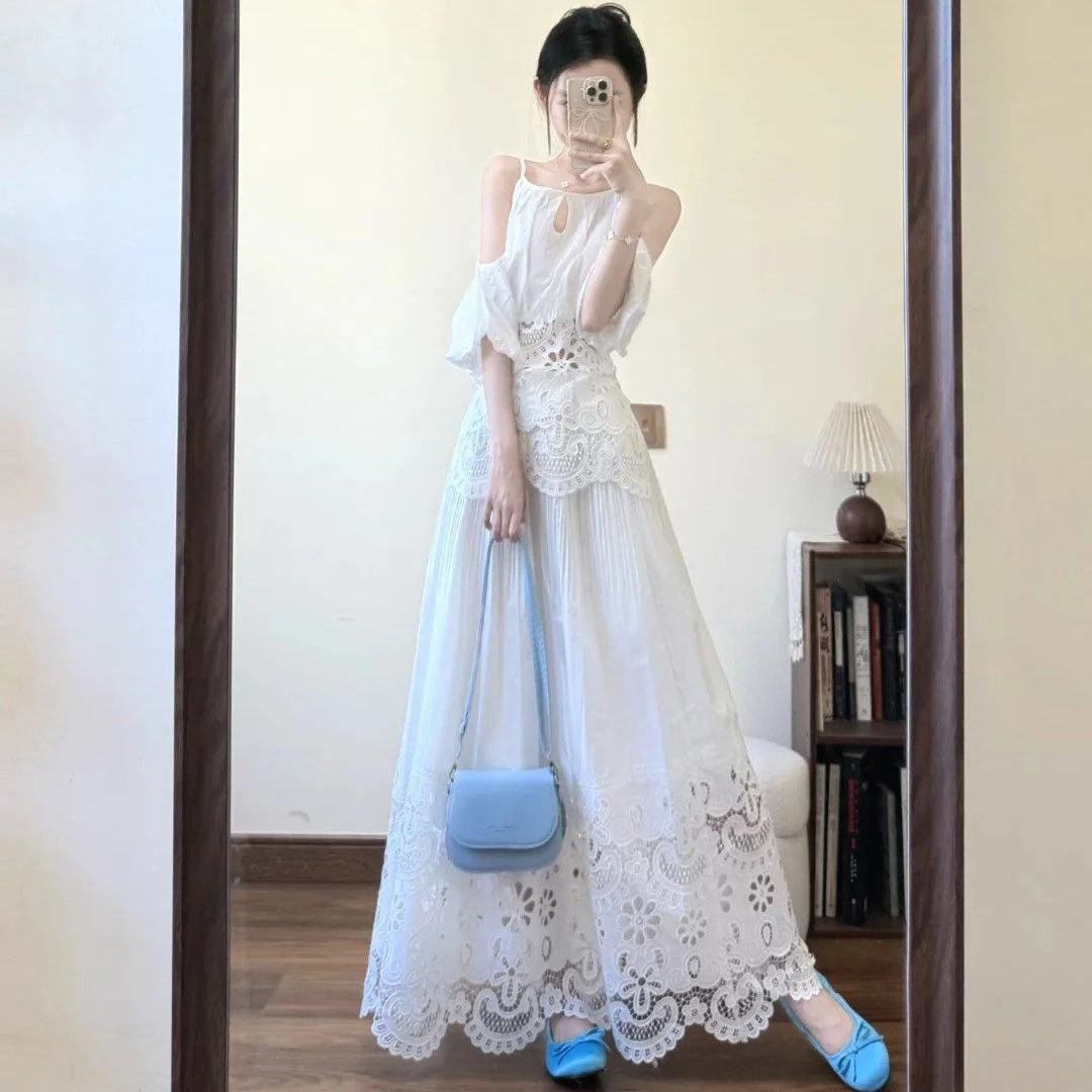 Women Hollow Lace 2 Piece Outfit Cold Shoulder Halter Cami Top Eyelet Embroidery Maxi Skirt Wedding Matching Set Vestidos