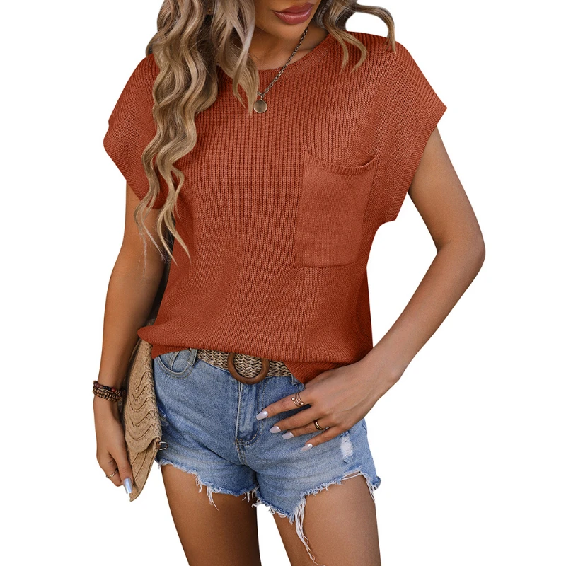 New Popular Women's Clothing Item Women's Round Neck Pocket Decorative Top Short Sleeved Sweater