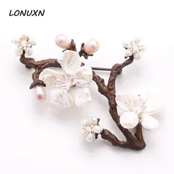 Pure Handmade Baroque Natural Freshwater Pearl Shell Flowers Brooch Pins Corsage Cherry Blossoms Branches Women Jewelry Gift 6cm