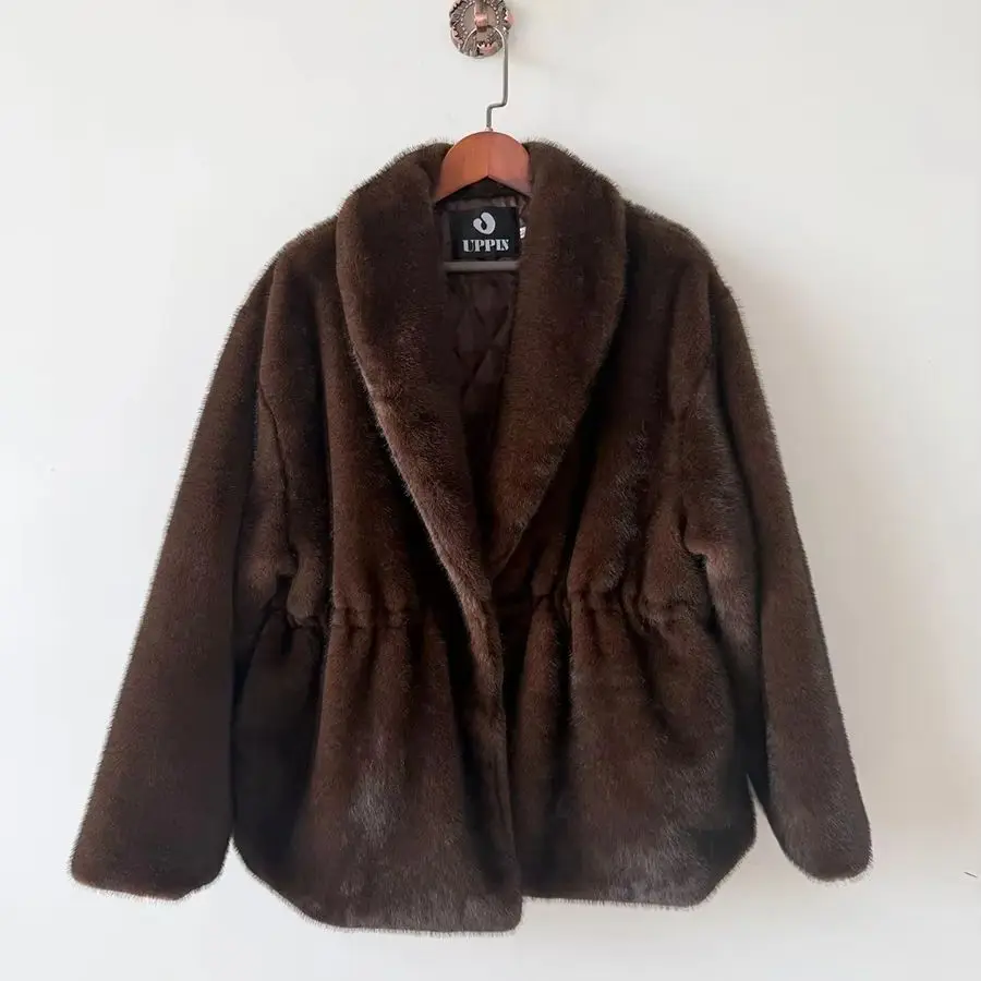Women Faux Fur Coat Shawl Collar Drawstring Waist Loose Long Sleeve Pocket Plush Outer Jacket