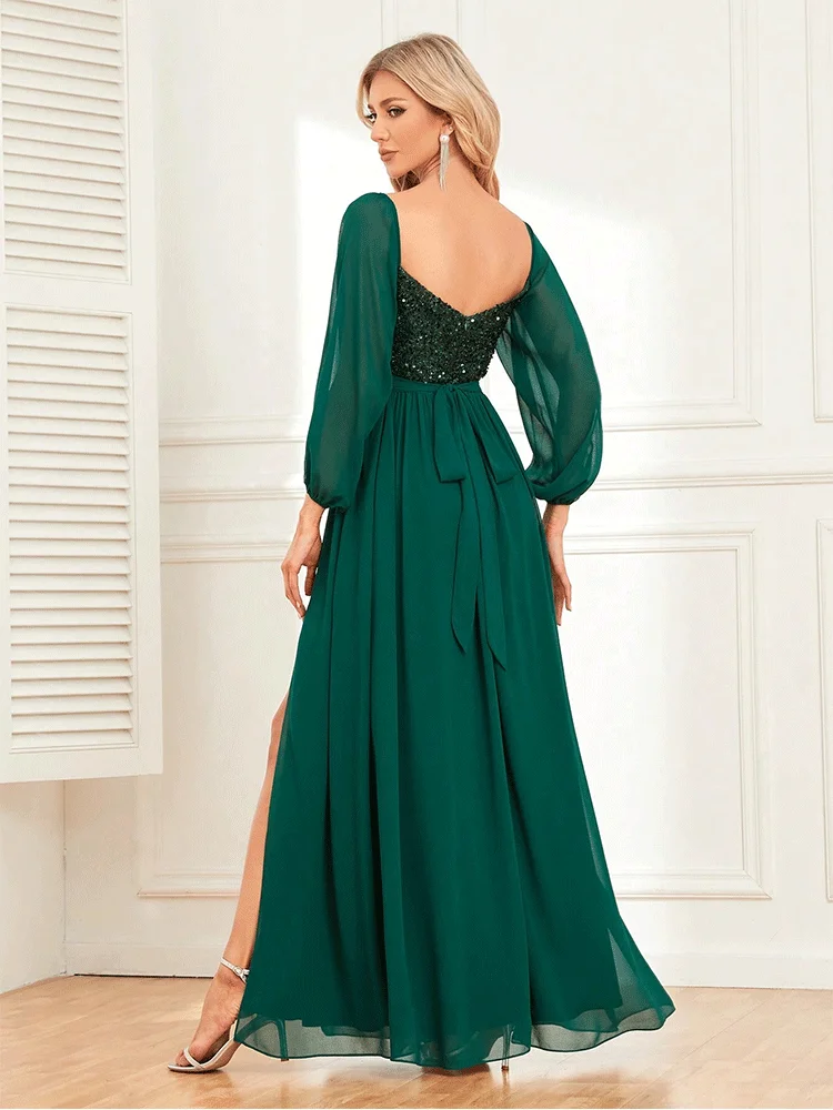 Off-The-Shoulder Sequined Chiffon Floor-Length Evening Gown Luxury Long Sleeve Wedding Reception Women's Sparkling Dress