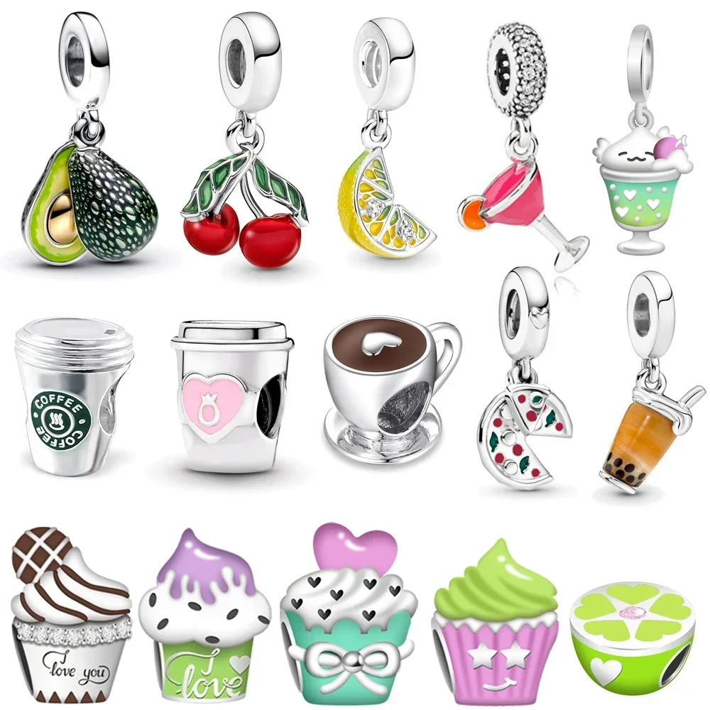 

New Beverage Coffee Cake Ice Cream Fruit Charm Fit Original Pan Bracelet Afternoon Tea Series Charms Bead DIY Women Jewelry Gift