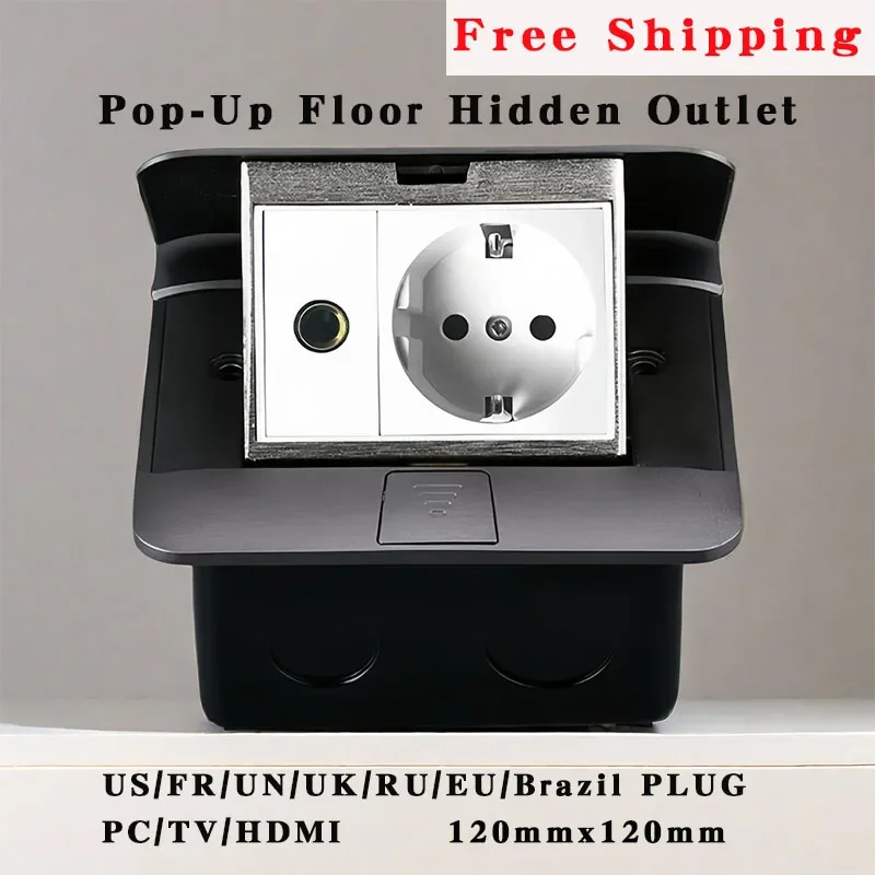 

120x120mm Pop-Up Floor Hidden Outlet Slow Metal Panel UK/UN/EU/FR/Brazil/RU/US PLUG Meeting Room Office Kitchen PC/HDMI/TV 220V