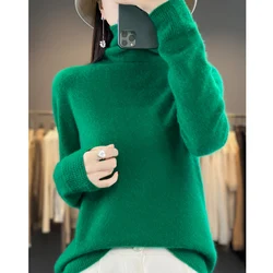 Women 100% Merino Wool Sweater For Autumn Winter Pile Collar Warm Pullover Long Sleeve Cashmere Knitwear New Bottoming Tops