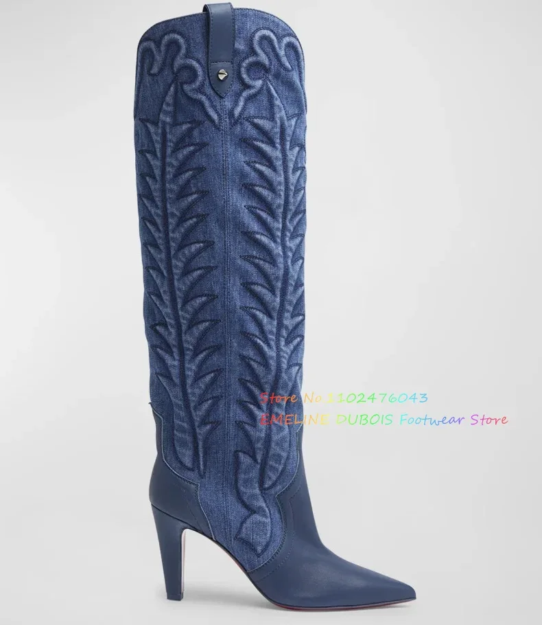 3D Embroidered Leather Splicing Knee High Boots Women Pointed Toe Stiletto Heel Slip On Designer Brand Winter Trendy Booties