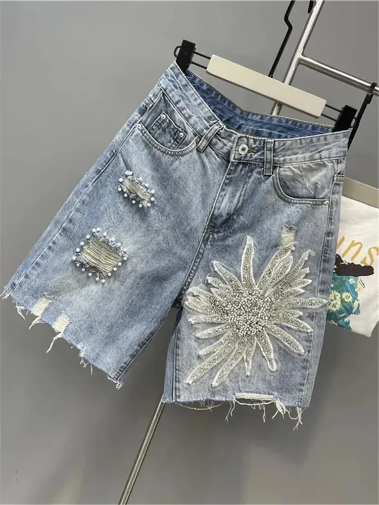 2023 Summer Nail bead 3D three-dimensional flower Denim Shorts Women European High Waist Washed Pants Stretchy Jeans Hot pants