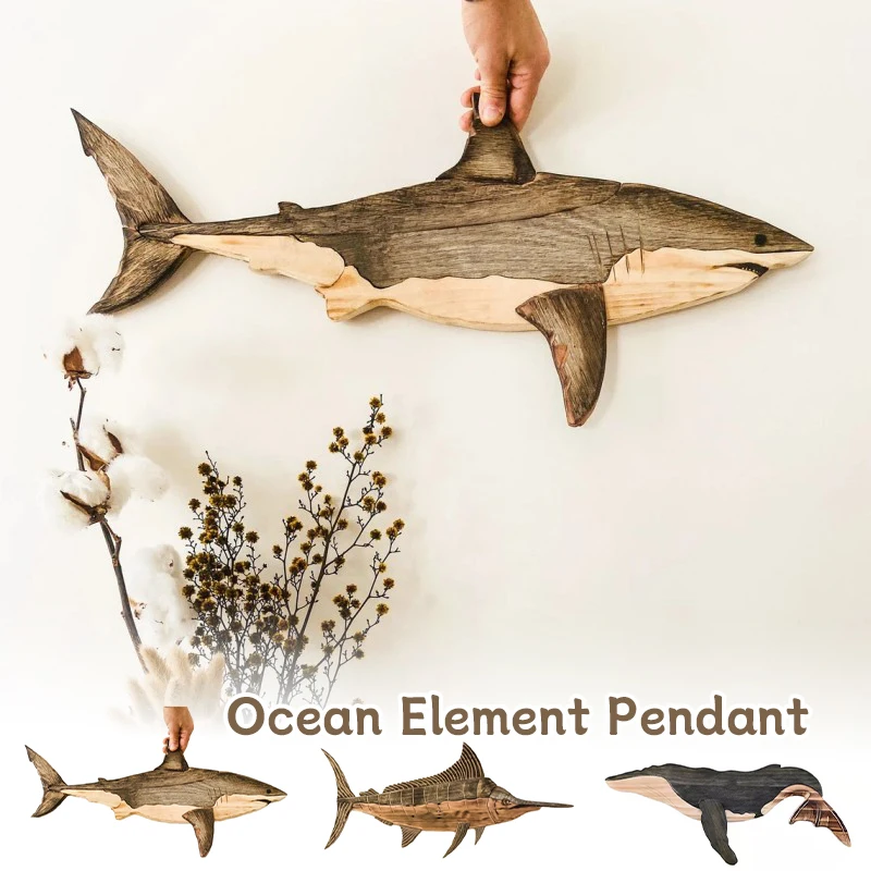 

Wooden Sea Fish Home Decor Statue Whale Figurine Sculpture Wall Hanging Ornament Living Room Bedroom American Style Rustic Decor