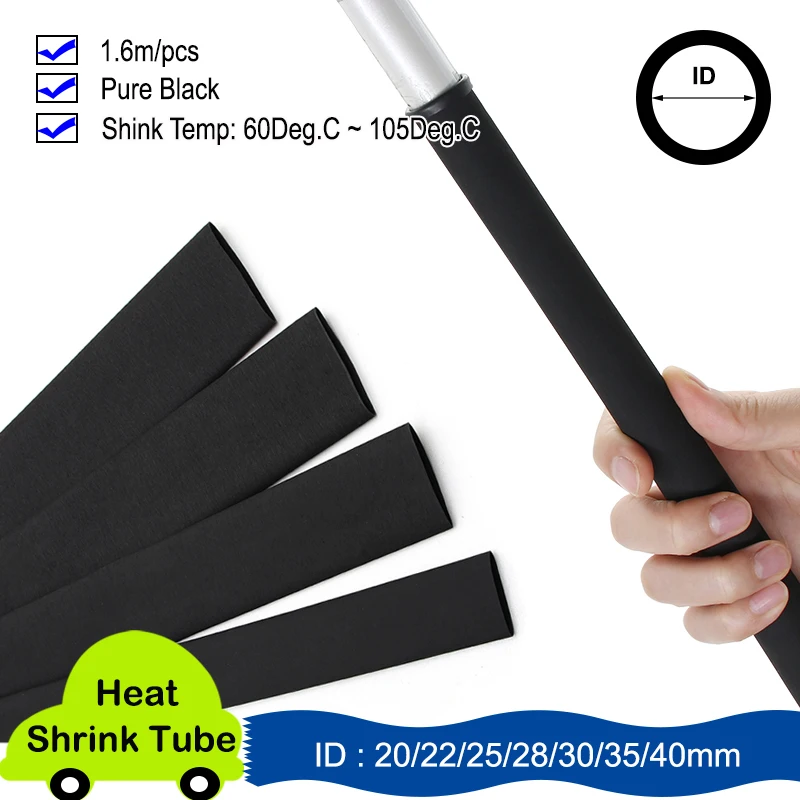 Black Anti-slip Fishing Rod Heat Shrink Tube 1.6m/Piece 20/22/25/28/30/35/40mm Non Slip Waterproof Shrinkable Wrap Cover Case