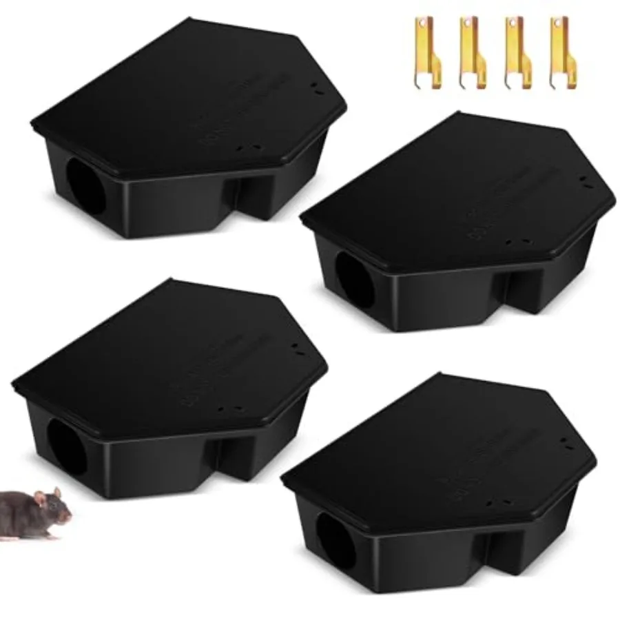 

Indoor and outdoor rat bait station set of 4, durable black plastic, child- and pet-safe design, 13.58 x 8.98 x 3.35 inch, incl