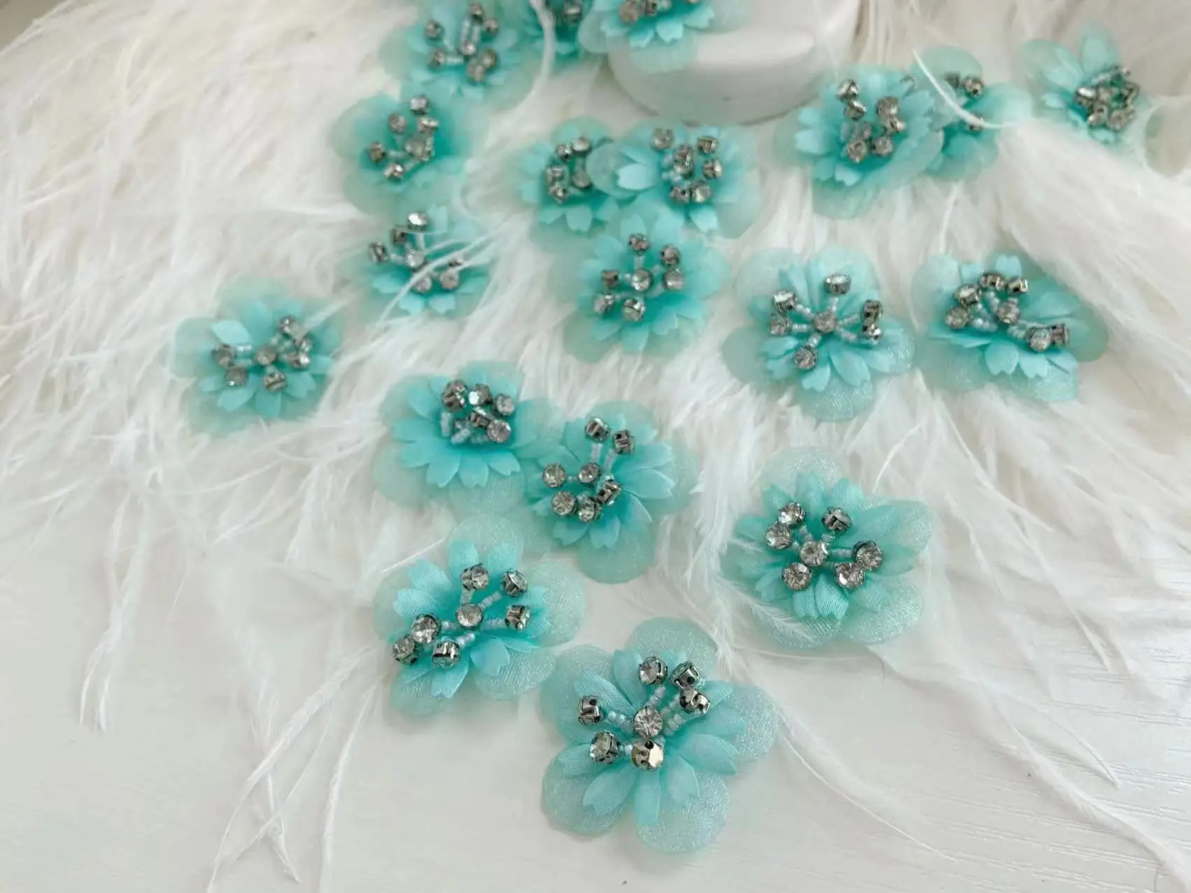 10 Pieces Lake Blue 3D Flowers Patch Colorful Floral with Beads Organza Applique for Zakka Sewing,Wedding Party,Clothing Craft