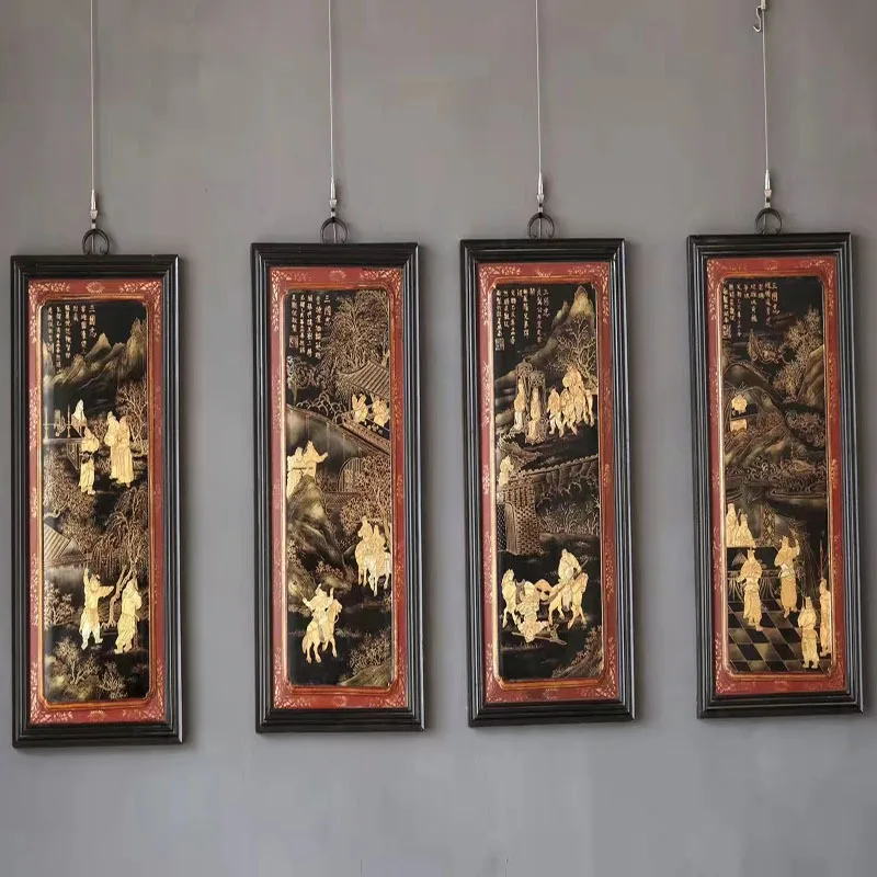 Antique hand-painted gold hanging screen old nanmu study room living room tea room decorative painting wooden hanging