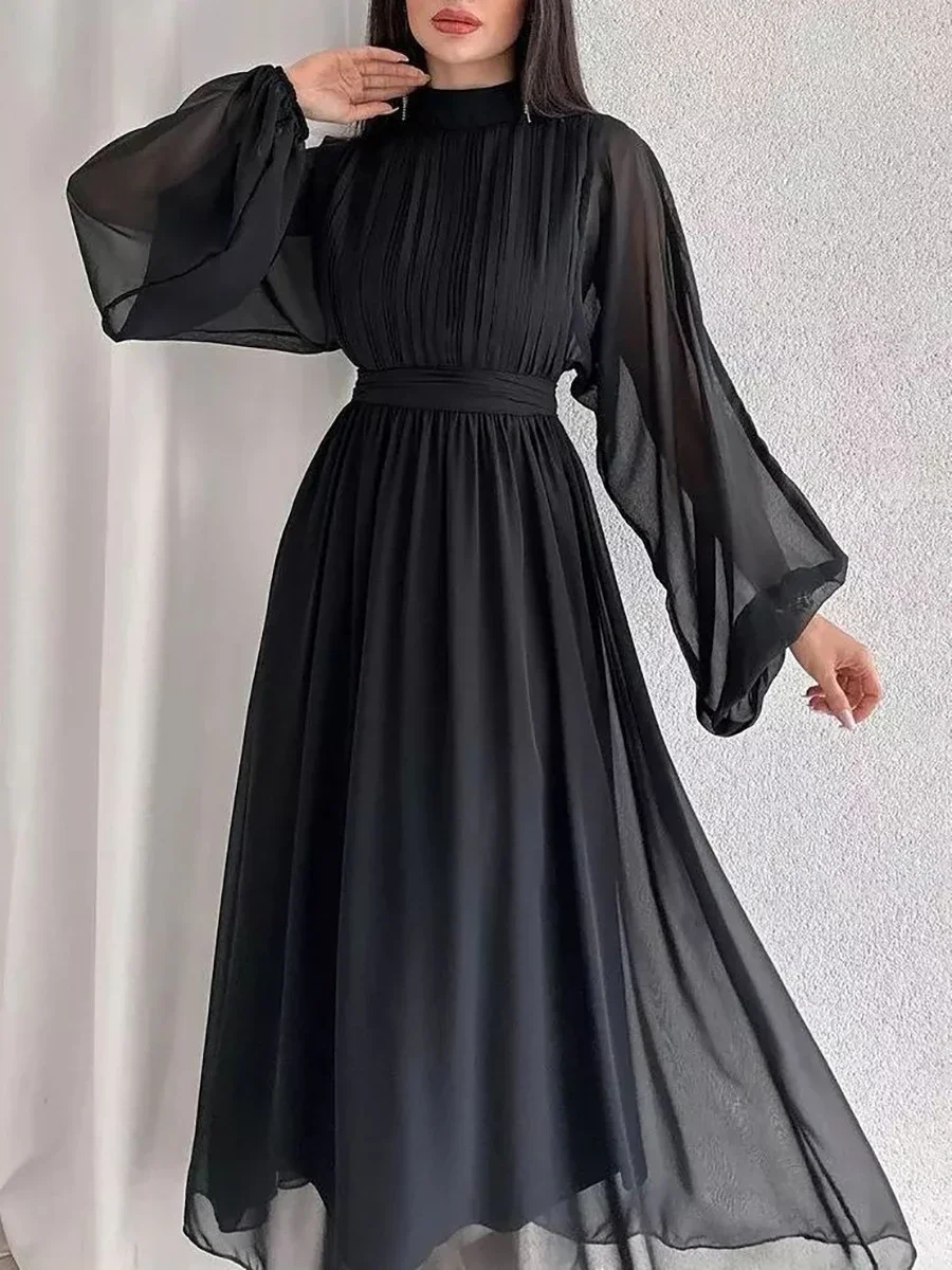 Beautiful Women\'s Dress Half High Collar Pleated Dresses with Long Sleeve Slim Elegant Black Chiffon Dress for Women 2024 Summer