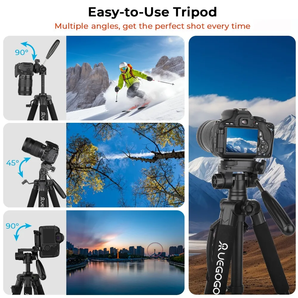 Q188 187cm Portable Camera Tripod Aluminum Alloy 6kg load capacity for DSLR Nikon, phone holder 360° Panorama Photography