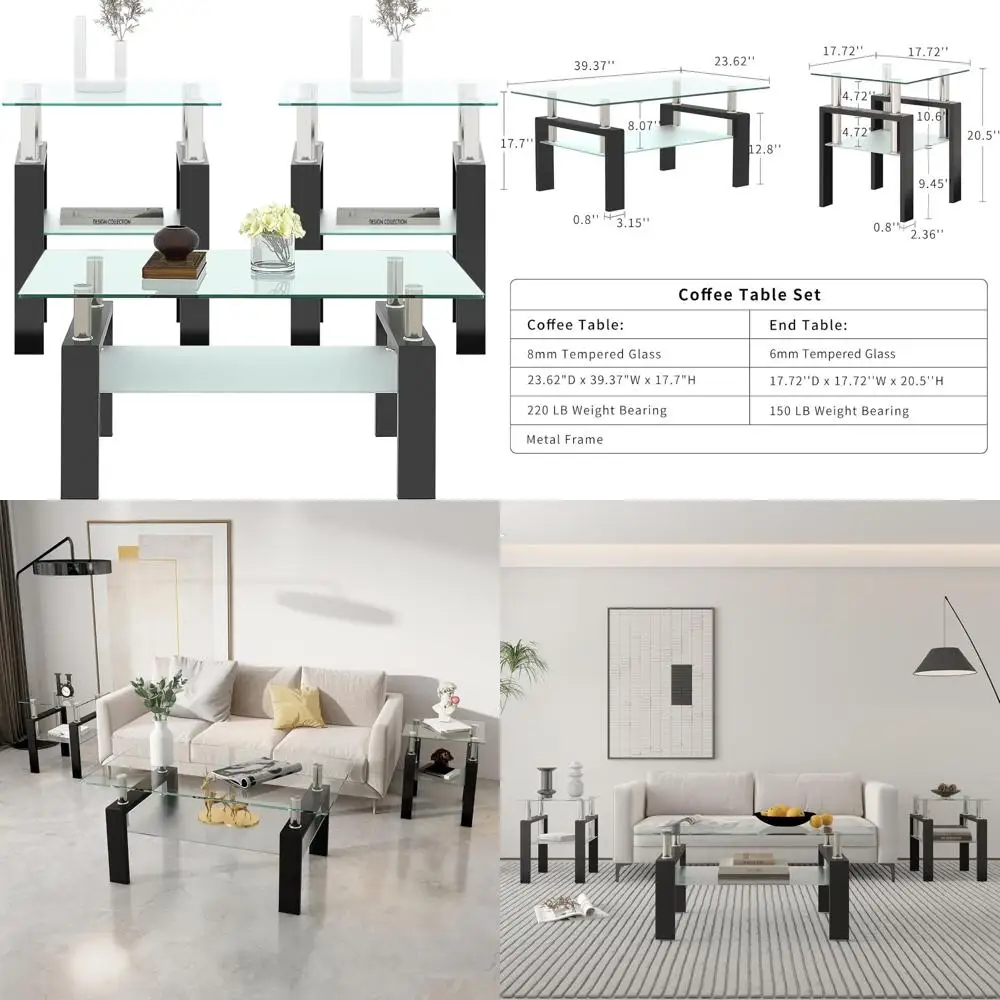 

Modern Black Metal Frame Glass Coffee Table Set of 3 for Living Room