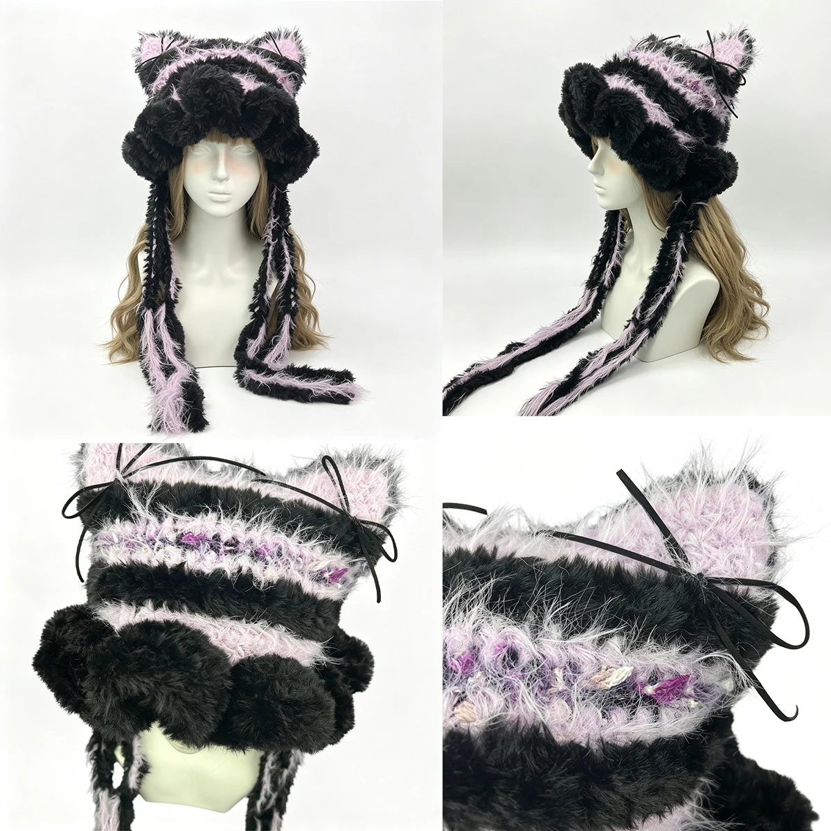 Custom Hand‑Crocheted Black Purple Cat Ear Ruffle Hat Women Soft Plush Knitted Beanie Gothic Kawaii Halloween Winter Warm Cap