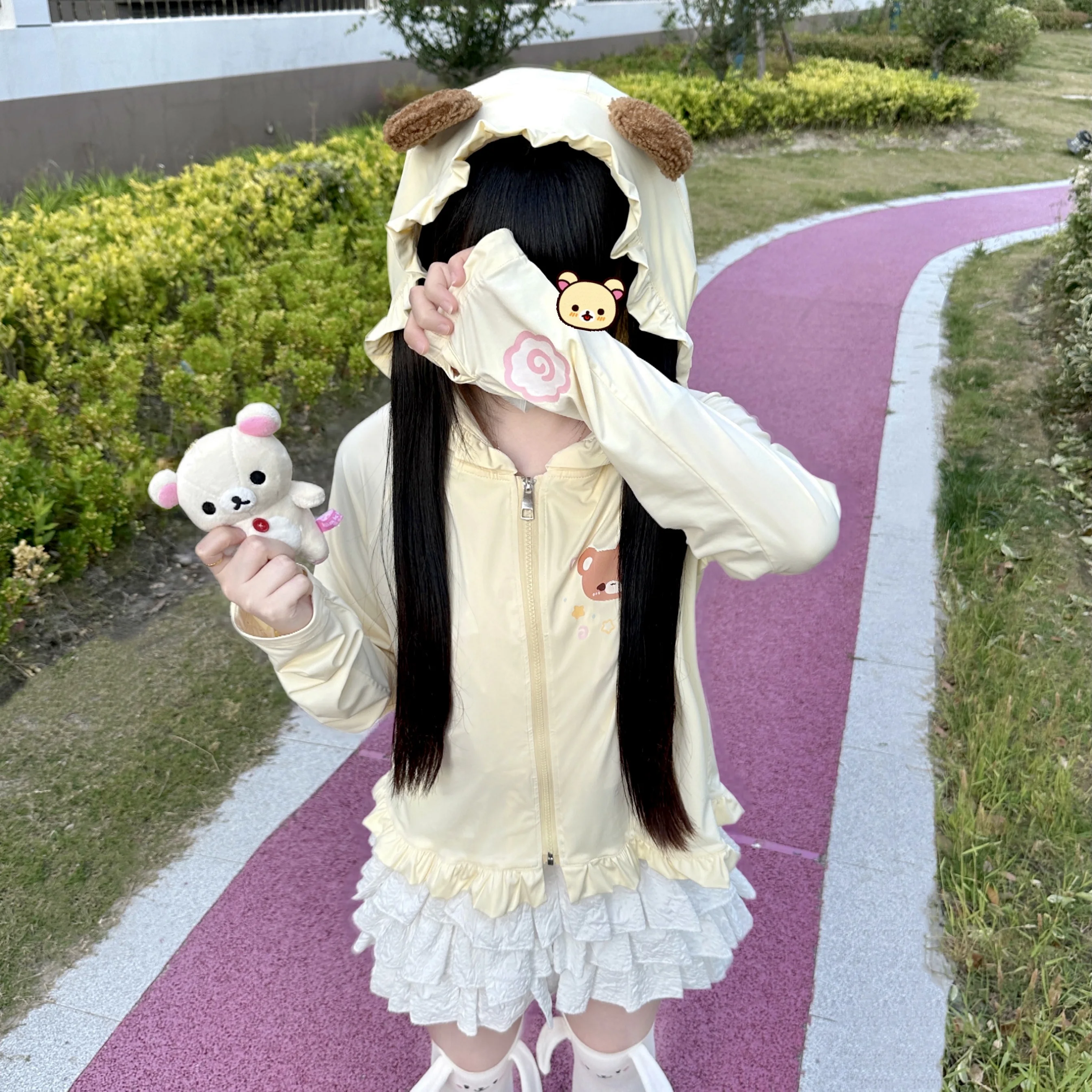Japanese Style Cute Soft Girl Sun Protection Bear Ear Thin Zipper Hooded Jacket Pink Bear Ear Sun Protection Clothing Women